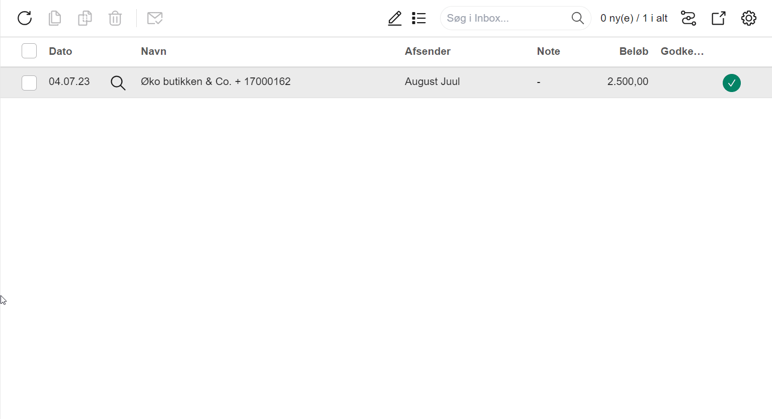 Viser et godkendt bilag i Inbox – bruges til at bekræfte, at bilaget er klar til bogføring.