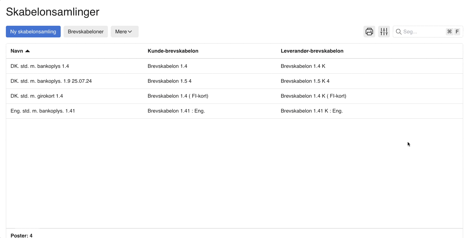 Viser oversigten over skabelonsamlinger i Skabelonsamlinger – bruges til at finde og tilgå den skabelon, der skal rettes.