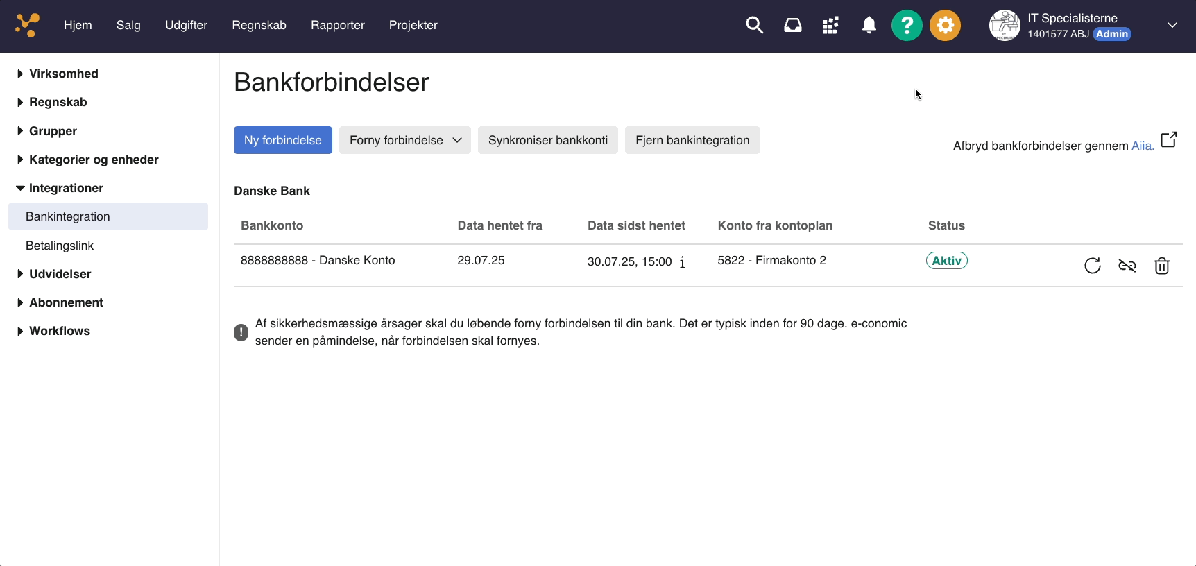 Viser skraldespandsikonet for en bankforbindelse i Bankintegration – bruges til at slette den pågældende bankforbindelse.