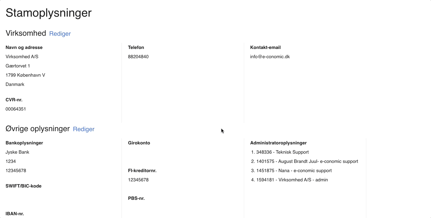 Viser felterne under 'Øvrige oplysninger' i Stamoplysninger – bruges til at opdatere virksomhedens IBAN-, SWIFT- og FI-kreditornummer.