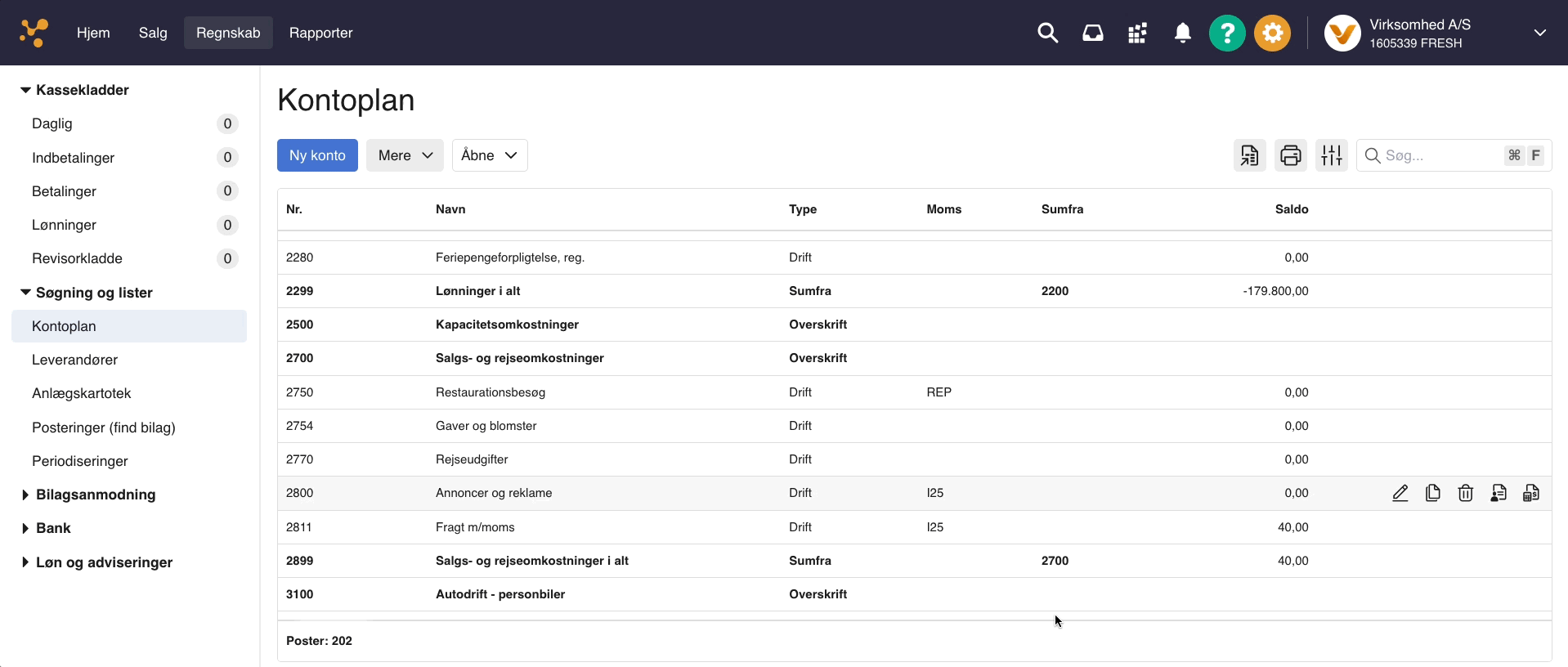 Viser kontoplanen i Regnskab – bruges til at finde den konto, der skal budgetteres på.