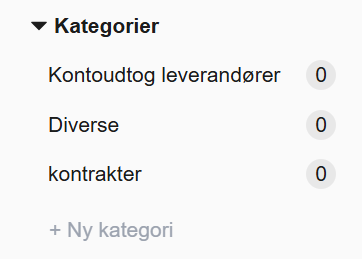 Viser kategorier i Indbakken – bruges til at få overblik over og filtrere indkomne bilag.