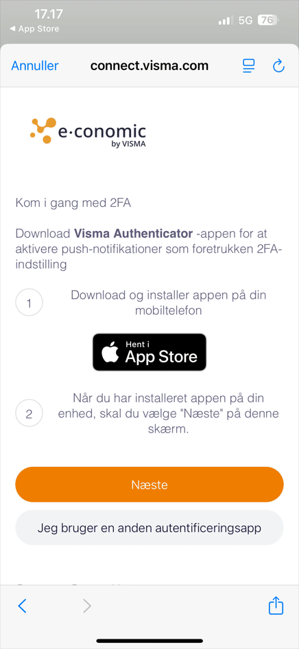 Viser "Næste"-knappen i opsætningen af to-faktor-godkendelse – bruges til at fortsætte til næste trin.