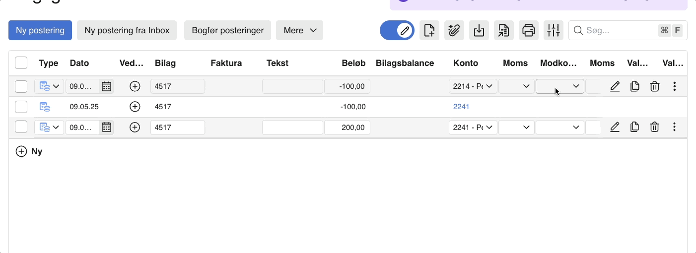 Viser redigering af en posteringslinje i kassekladden – bruges til at indtaste og ændre oplysninger direkte i oversigten.