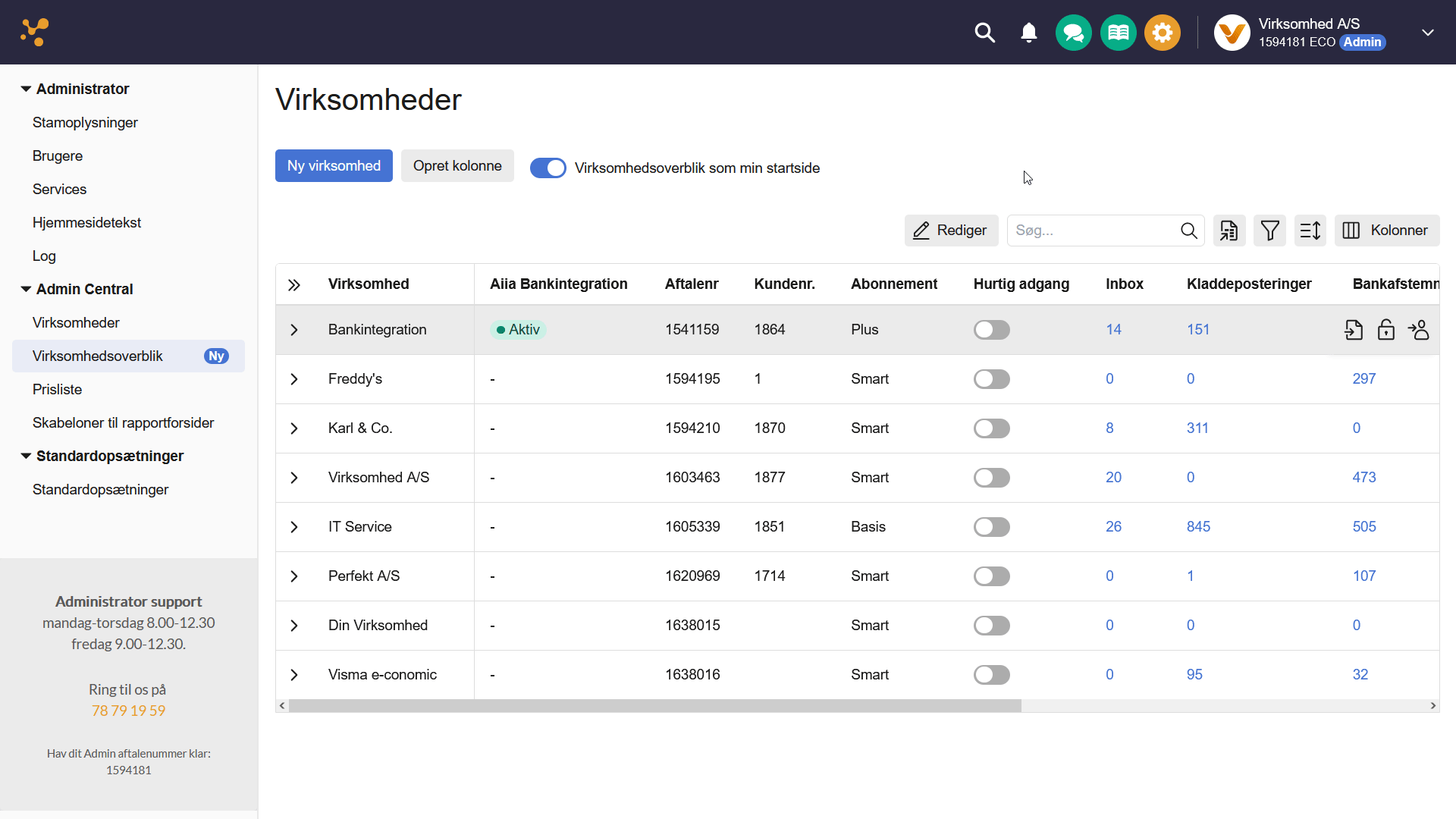 Viser posteringslinjer i Kassekladden – bruges til at registrere og bogføre virksomhedens bilag.