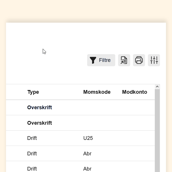 Viser Filtre-knappen i kontoplan-rapporten – bruges til at åbne filterindstillingerne for rapporten.
