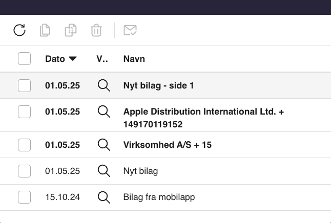 Viser Kopier-ikonet i Indbakken – bruges til at kopiere et eller flere markerede bilag.