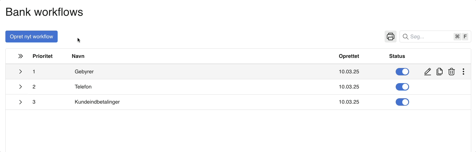 Viser oversigten over Bank Workflows i Bank workflows – bruges til at administrere og prioritere sine workflows.