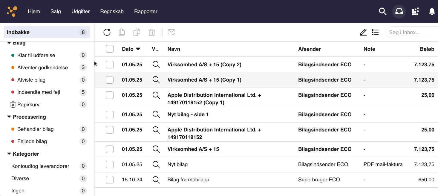 Viser valg af et bilag i Indbakken – bruges til at flytte bilaget til papirkurven