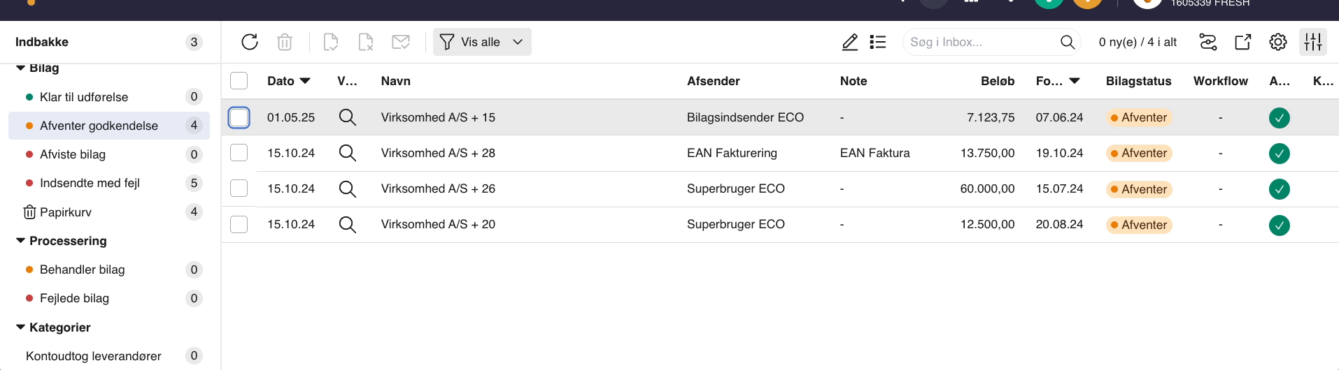 Viser oversigten i mappen 'Afventer godkendelse' i Inbox – bruges til at godkende bilag direkte i programmet.