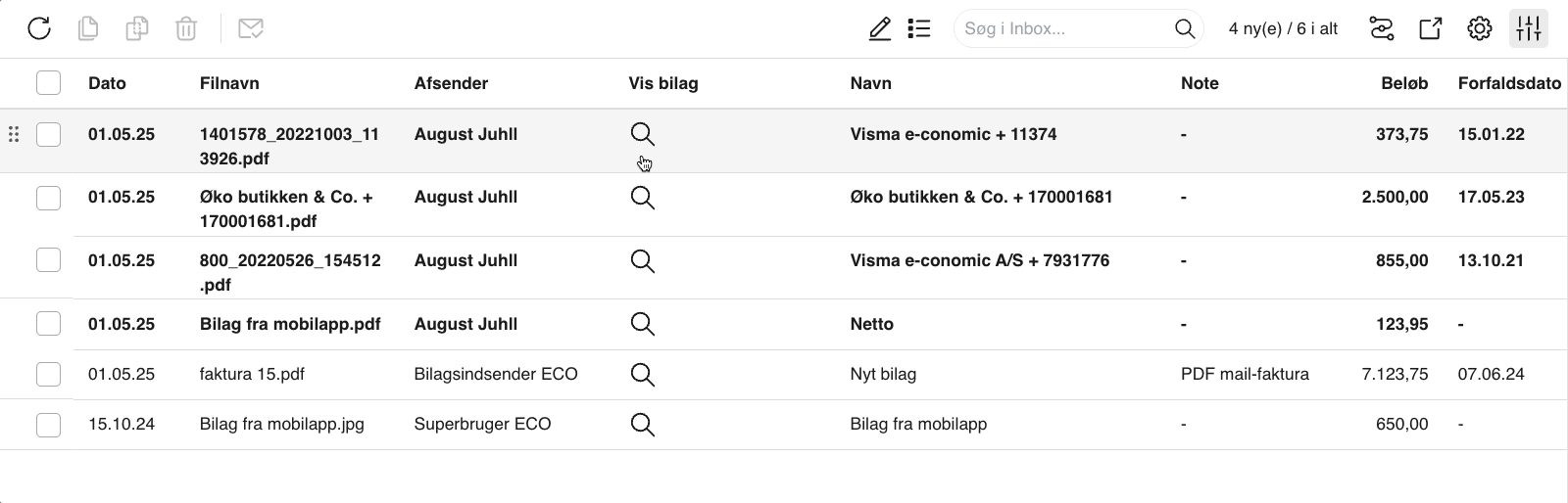 Viser listevisning i Inbox – bruges til at få et samlet overblik over bilag og deres informationer.