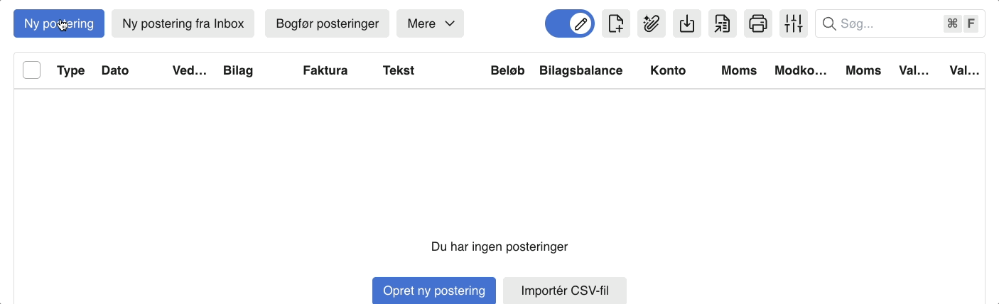 Viser knappen "Ny postering" i kassekladden – bruges til at oprette en ny posteringslinje.