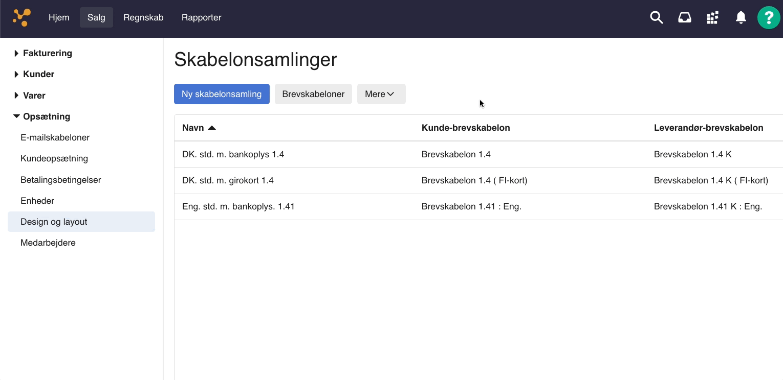 Viser oversigten over skabelonsamlinger i Design og layout – bruges til at oprette en ny skabelonsamling