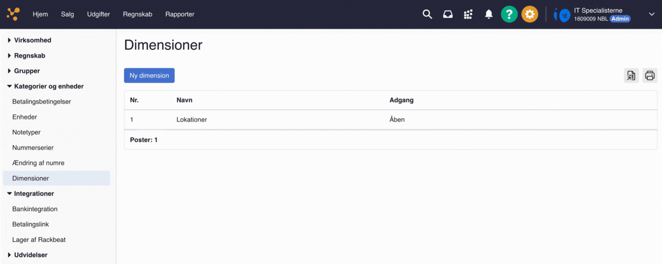 Viser oversigten over dimensioner i dimensionsopsætningen – bruges til at oprette og administrere dimensioner til fordeling af udgifter og indtægter.