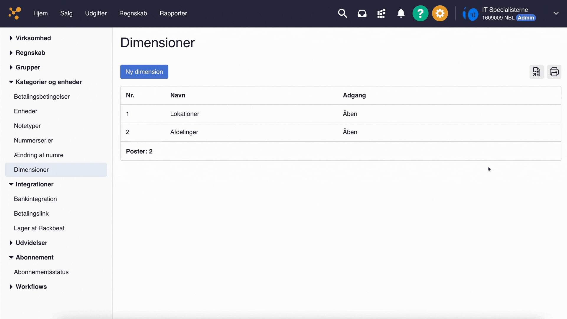 Viser listen over dimensioner i dimensionsopsætningen – bruges til at oprette nye dimensioner eller redigere de eksisterende.