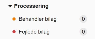 Viser statusfilteret 'Processering' i Indbakke – bruges til at få overblik over antallet af bilag, der behandles eller er fejlet.