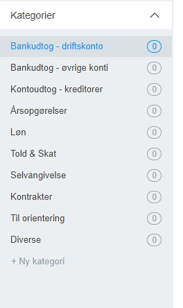 Viser knappen '+ Ny kategori' i kategorioversigten – bruges til at oprette en ny kategori til bilag.