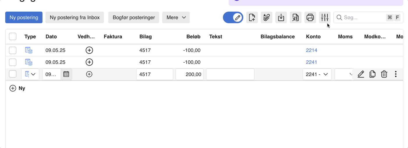 Viser oprettelse af en flerbenet postering i kassekladden – bruges til at fordele et beløb på flere konti.