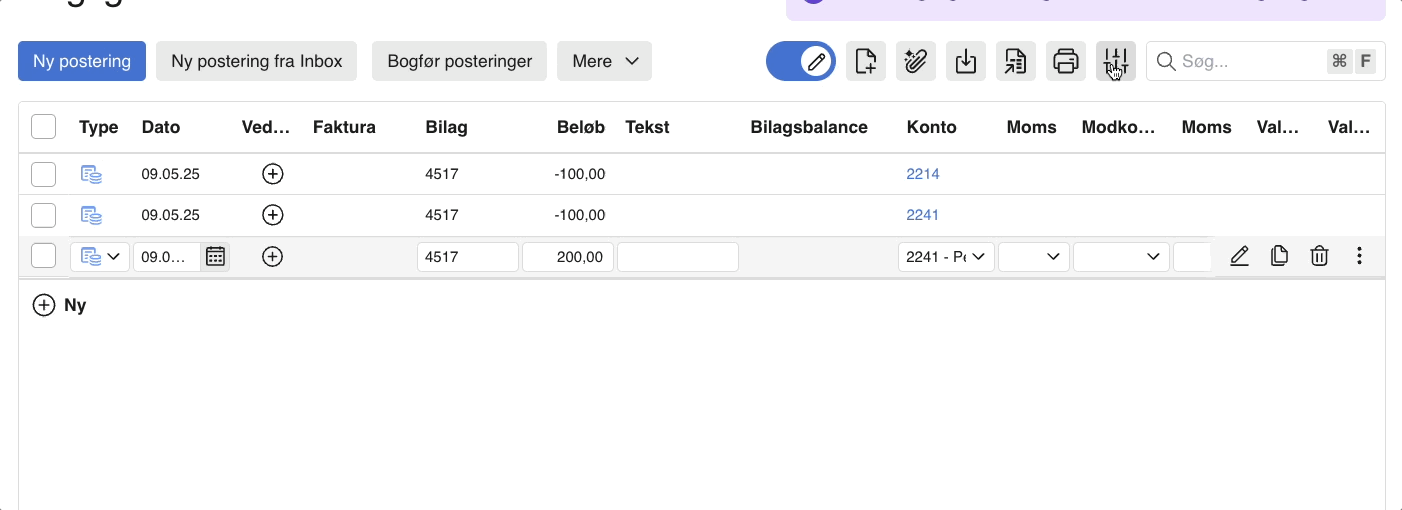 Viser en flerbenet postering i kassekladden – bruges til at fordele et beløb på flere konti med det samme bilagsnummer.