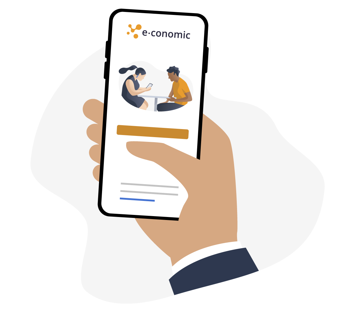 En illustration af en hånd, der holder en mobil med e-conomic app