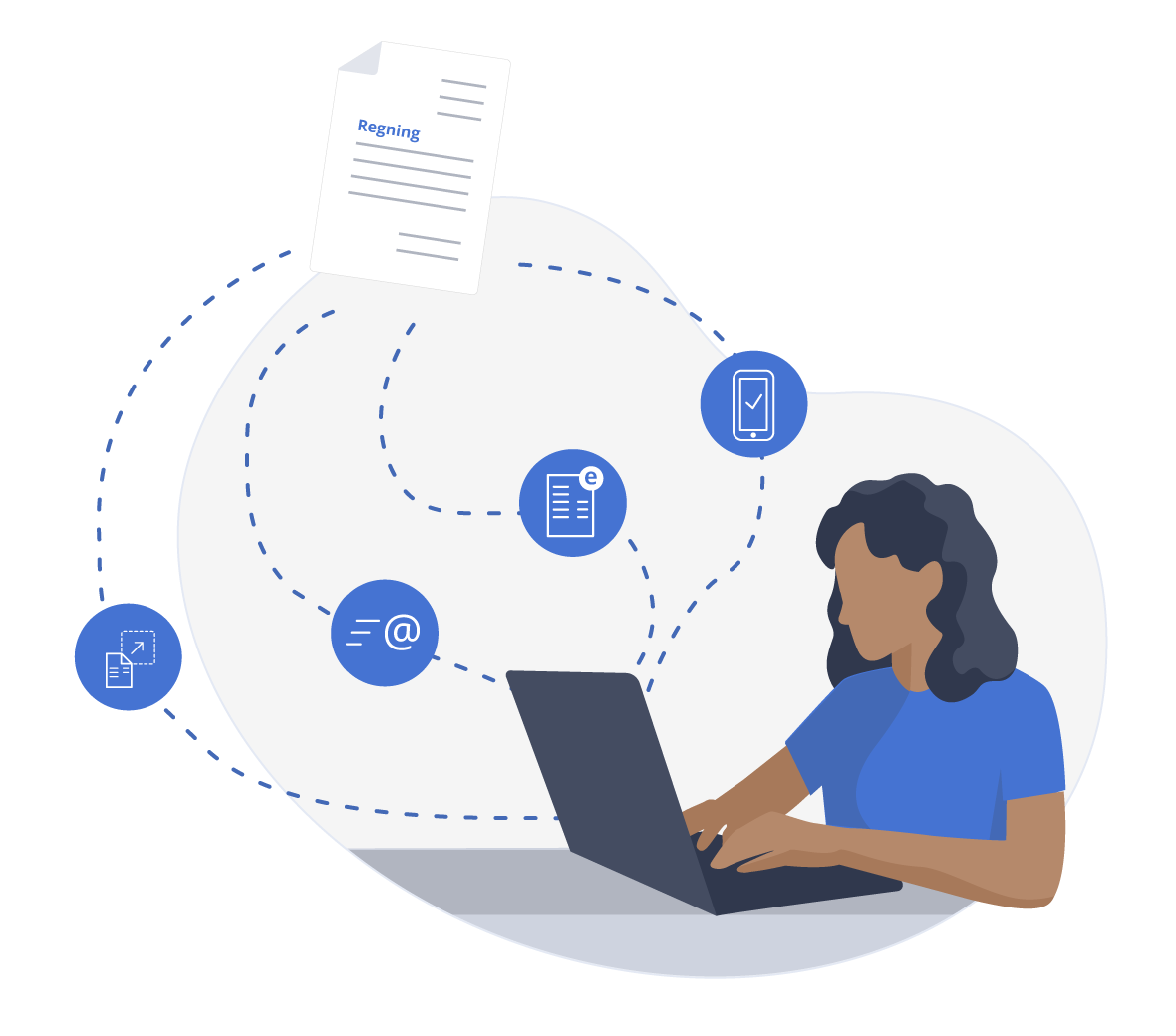 En illustration af en kvinde, der sidder med en computer, hvor der flyver integrationer og regninger rundt omkring hende