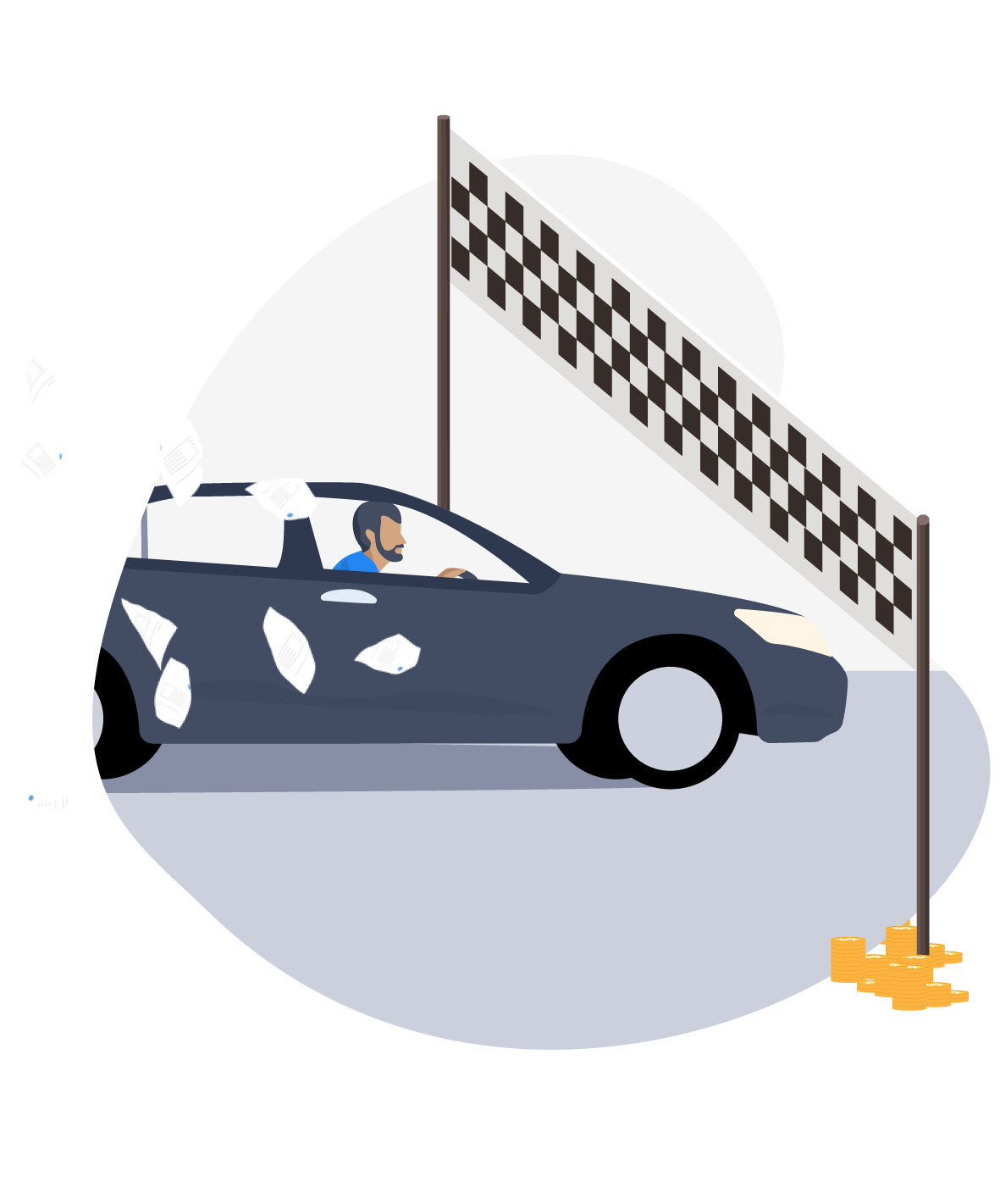 En illustration af en person, der kører gennem en målstreg i en bil