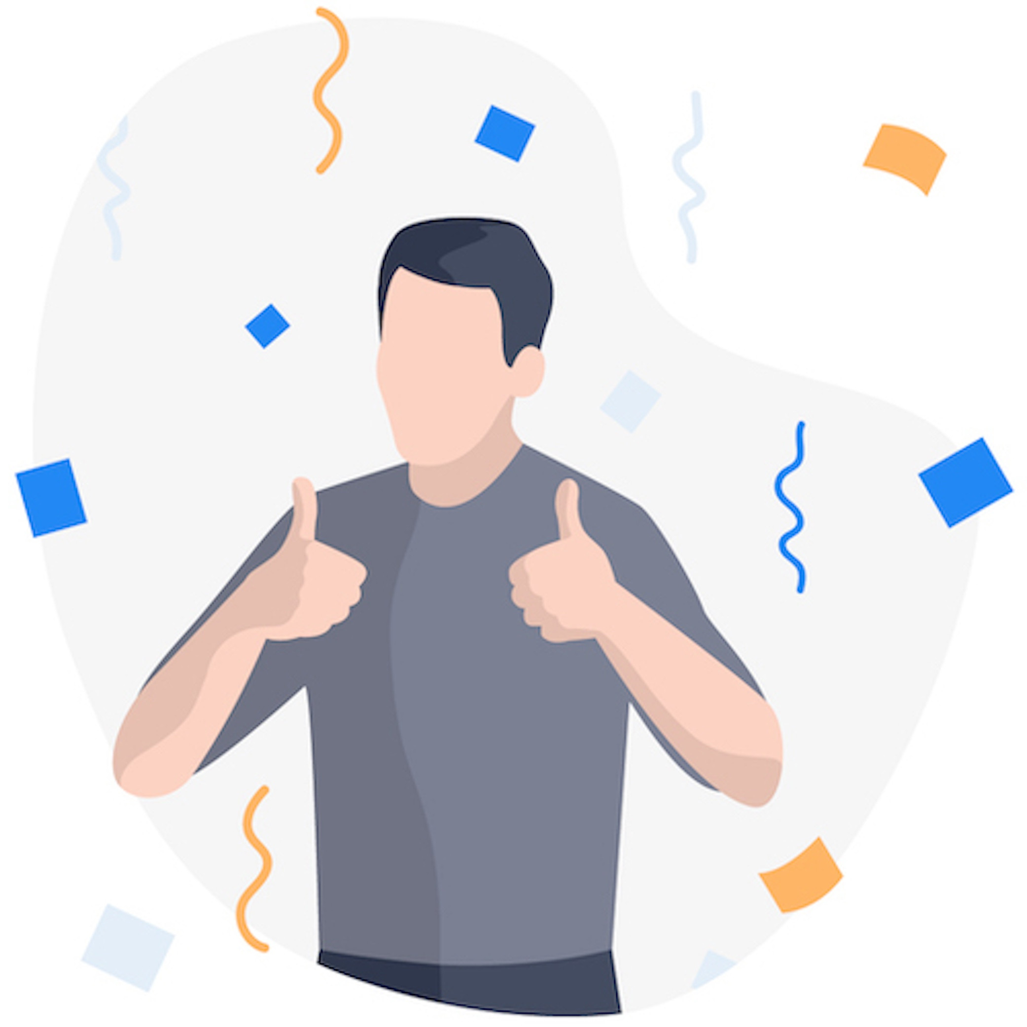 En illustration af en mand, der laver thumbs up med konfetti i baggrunden