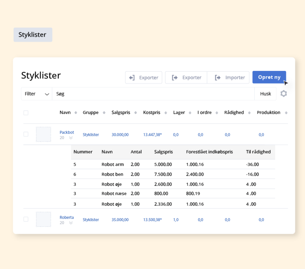 Et screenshot af et overblik over styklister