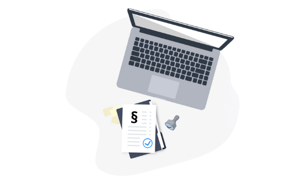 En illustration af en computer, nogle papirer og et stempel