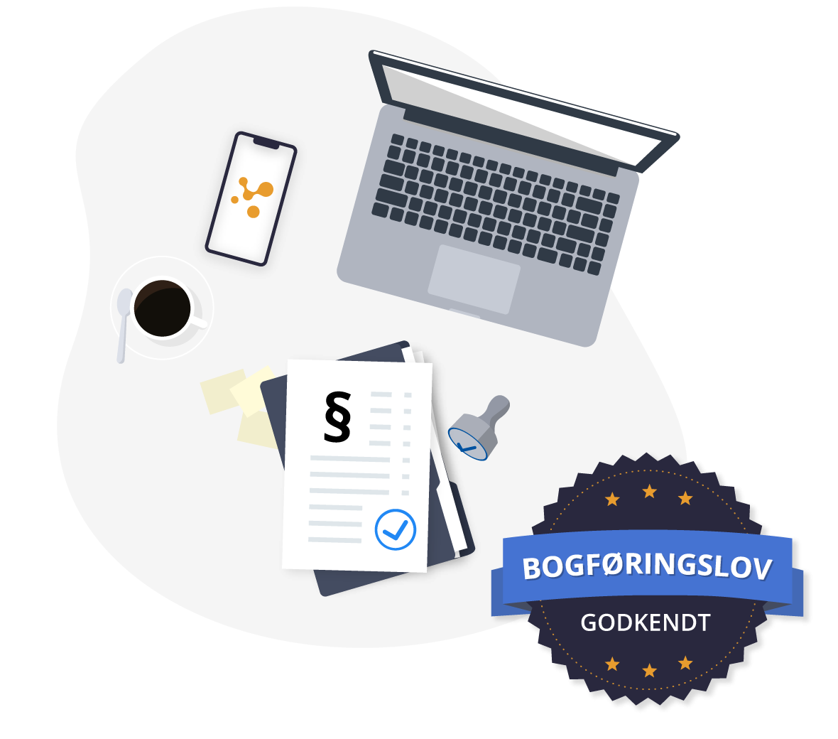 En illustration af en computer, en smartphone, en kop med kaffe, nogle papirer med et stempel ved siden af og et logo omkring bogføringsloven