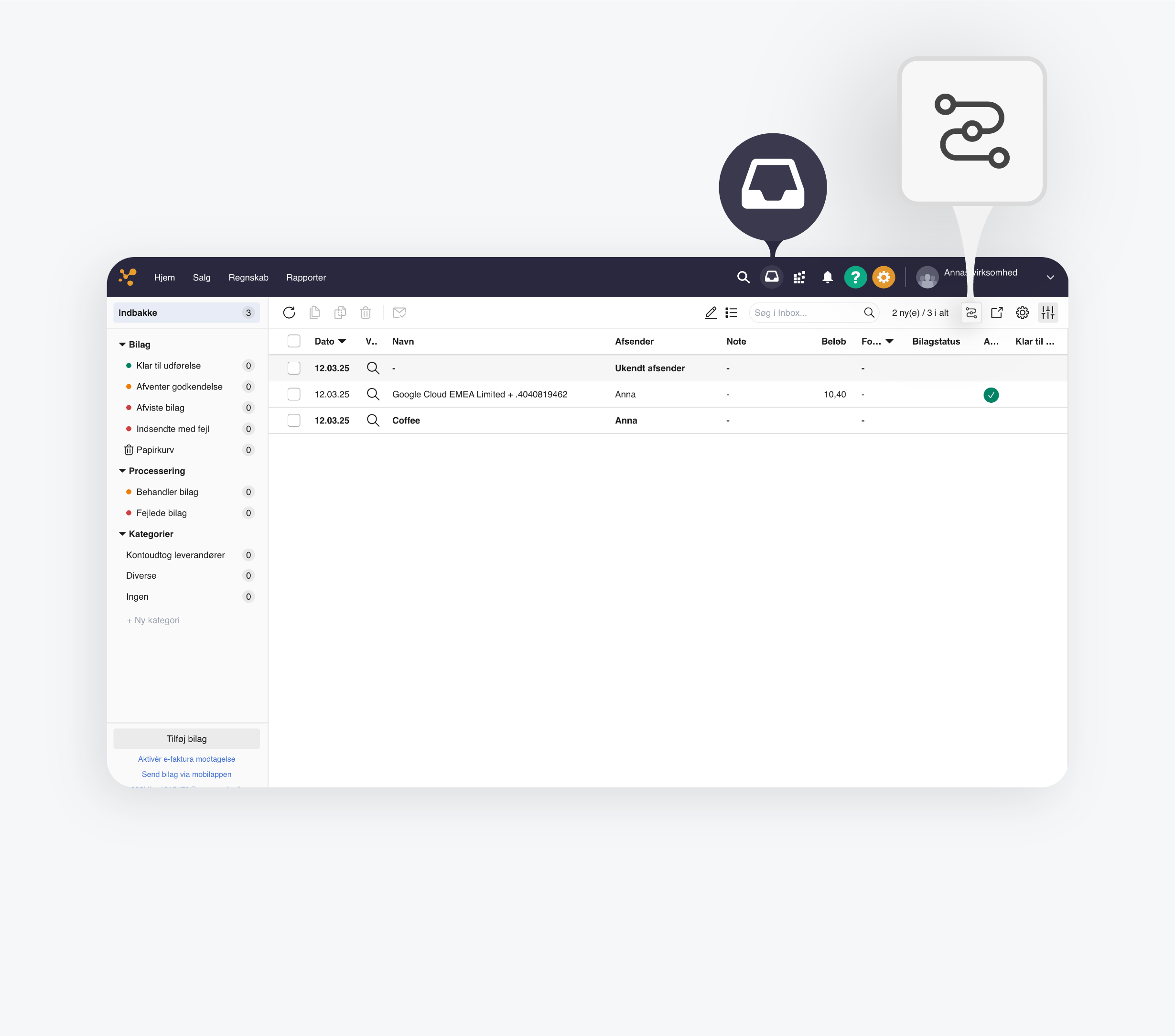 Et screenshot af e-conomics Bilag Workflows