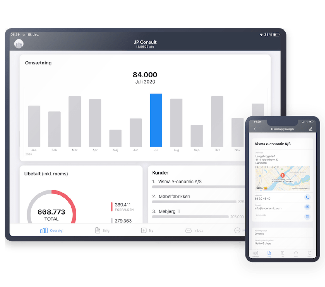 Et screenshot af e-conomic på en tablet og en smartphone