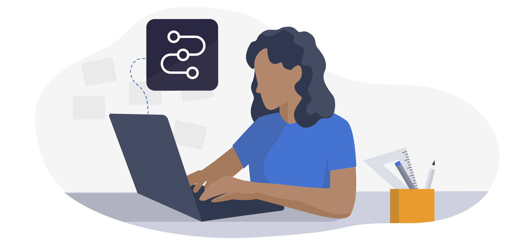 Illustration af kvinde der sidder ved bærbar computer