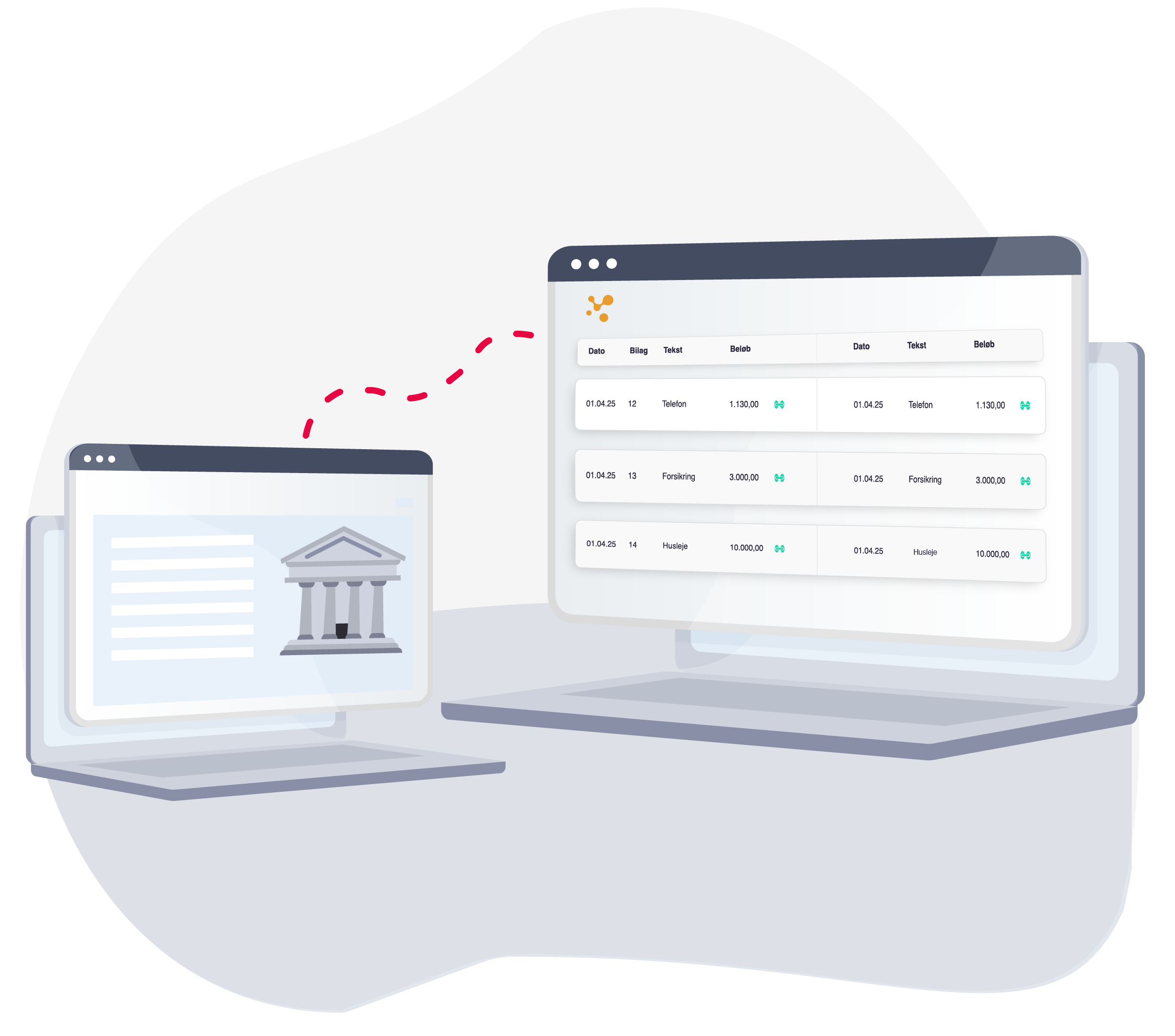 Illustration af bærbar computer med bank og bankintegration