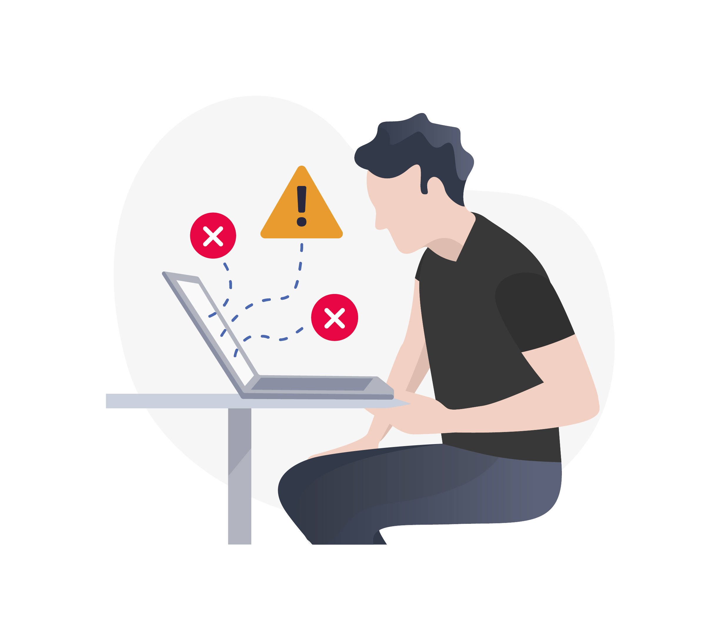 Illustration af mand der sidder ved bærbar computer med fejl på