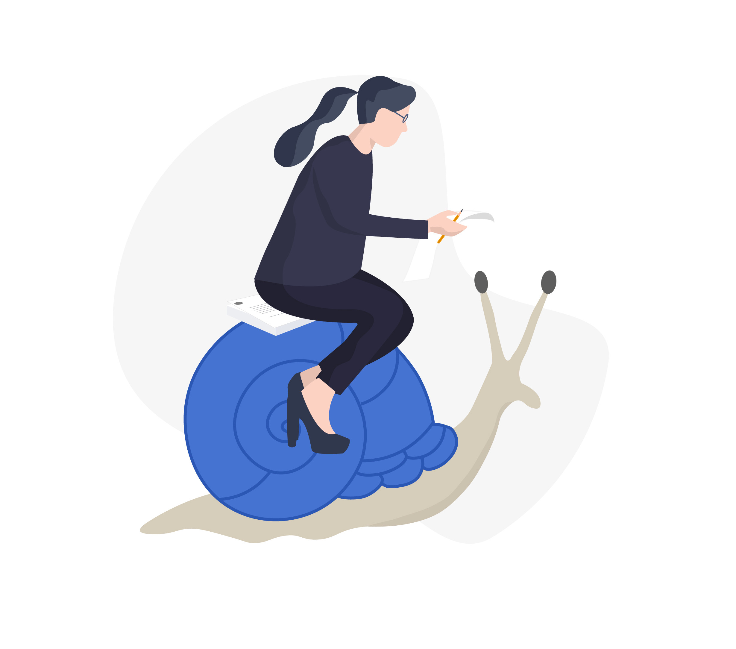 Illustration af kvinde/bogholder der sidder på snegl og laver regnskab i snegletempo