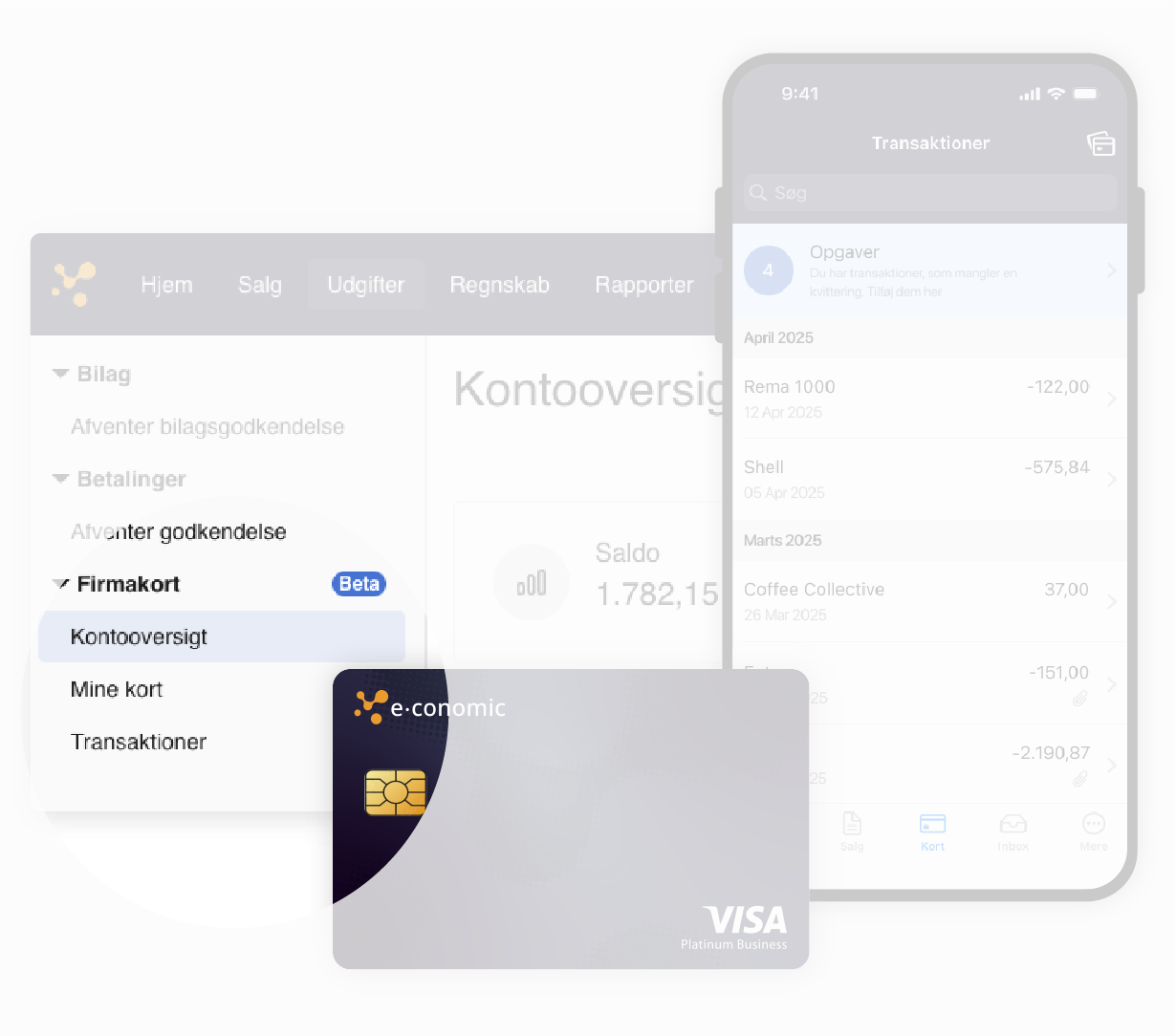 Et billede af en smartphone med et kreditkort på skærmen, en computerskærm med e-conomic på skærmen og et fysisk kreditkort foran de to devices