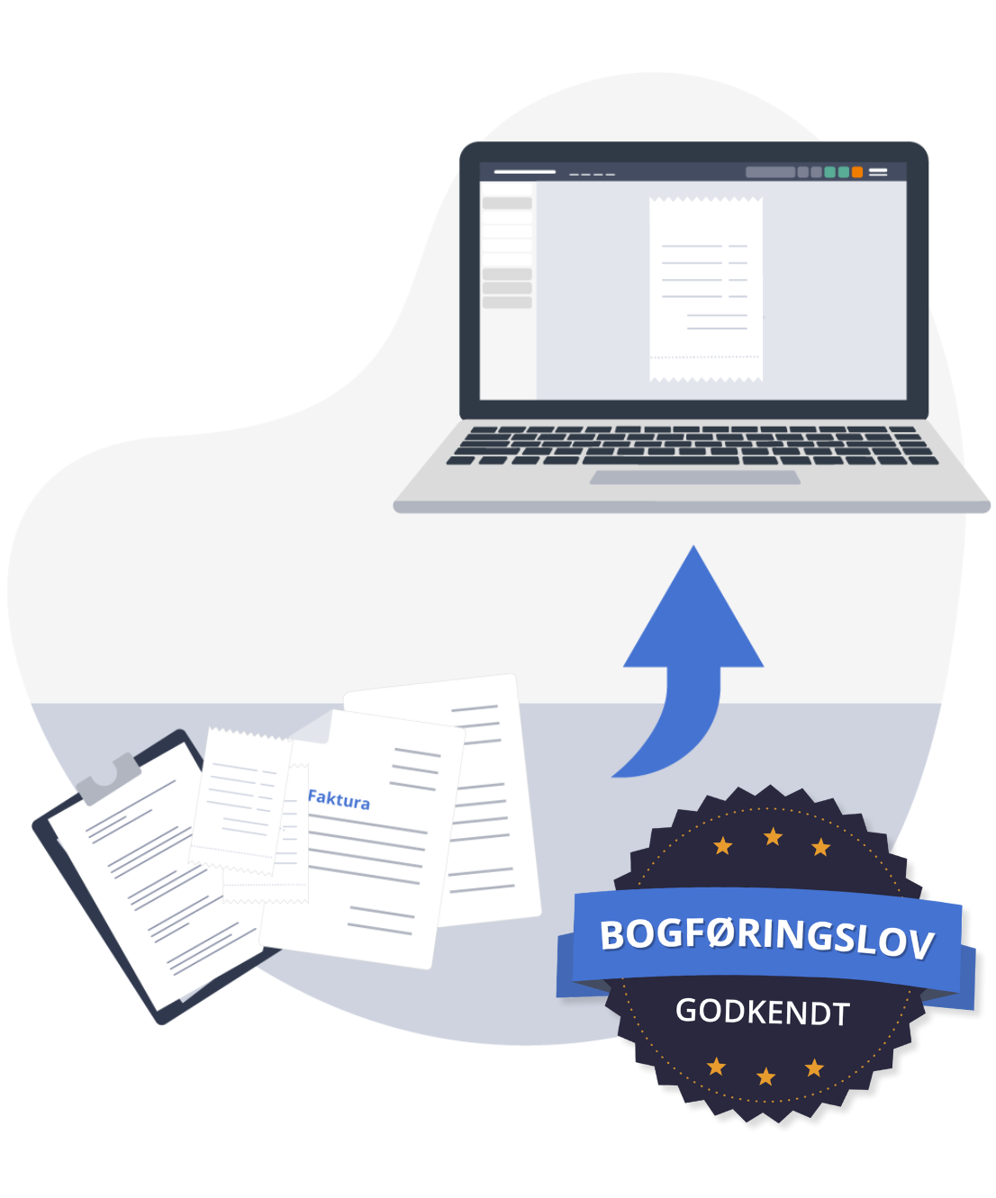 En illustration af nogle papirer på et bord, en laptop og et badge med den nye bogføringslov