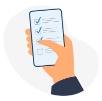 En illustration, der forestiller en hånd, der holder en smartphone med en checkliste på baggrunden