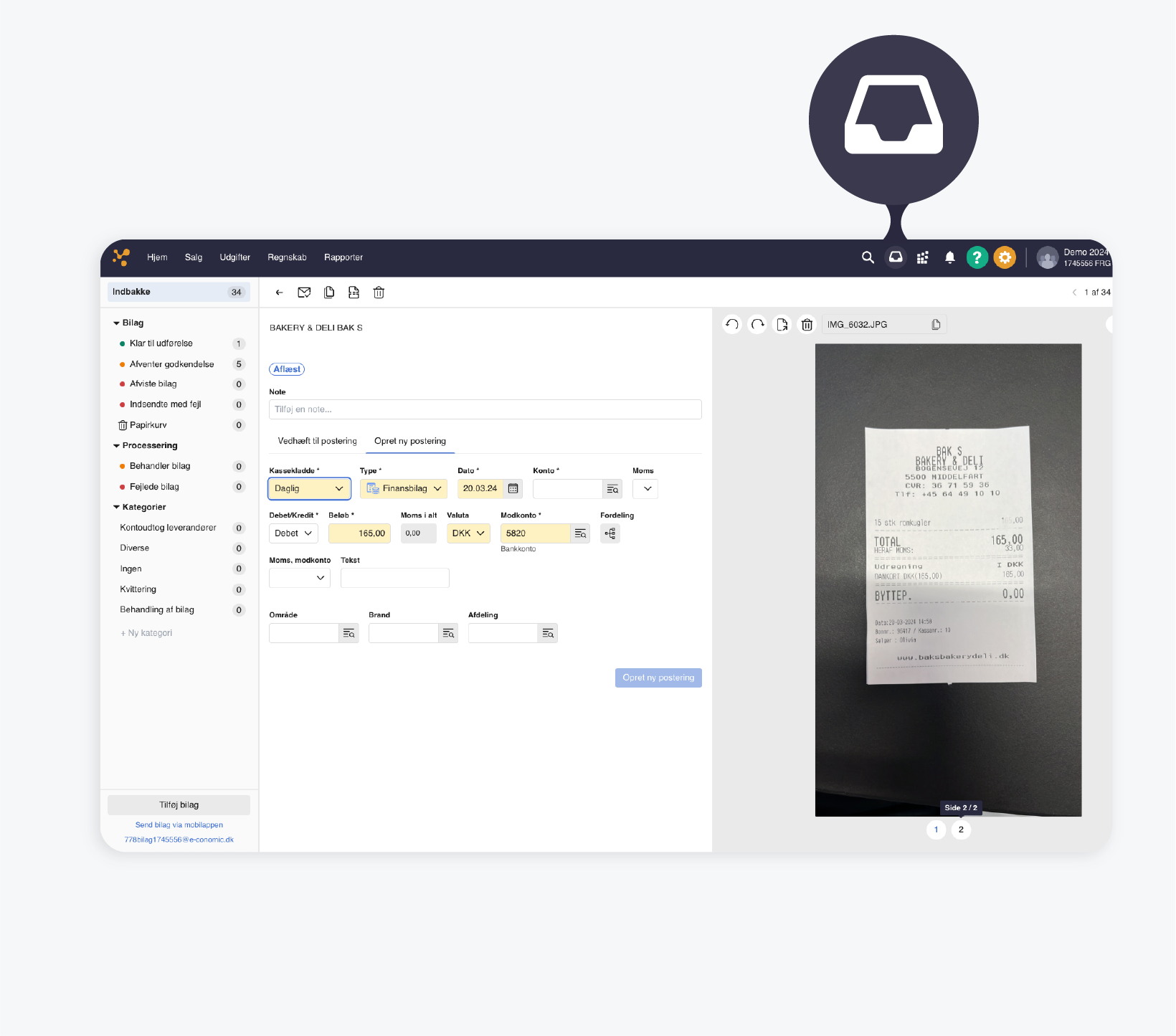 e-conomic applikationen under smart inbox og modtag e-faktura