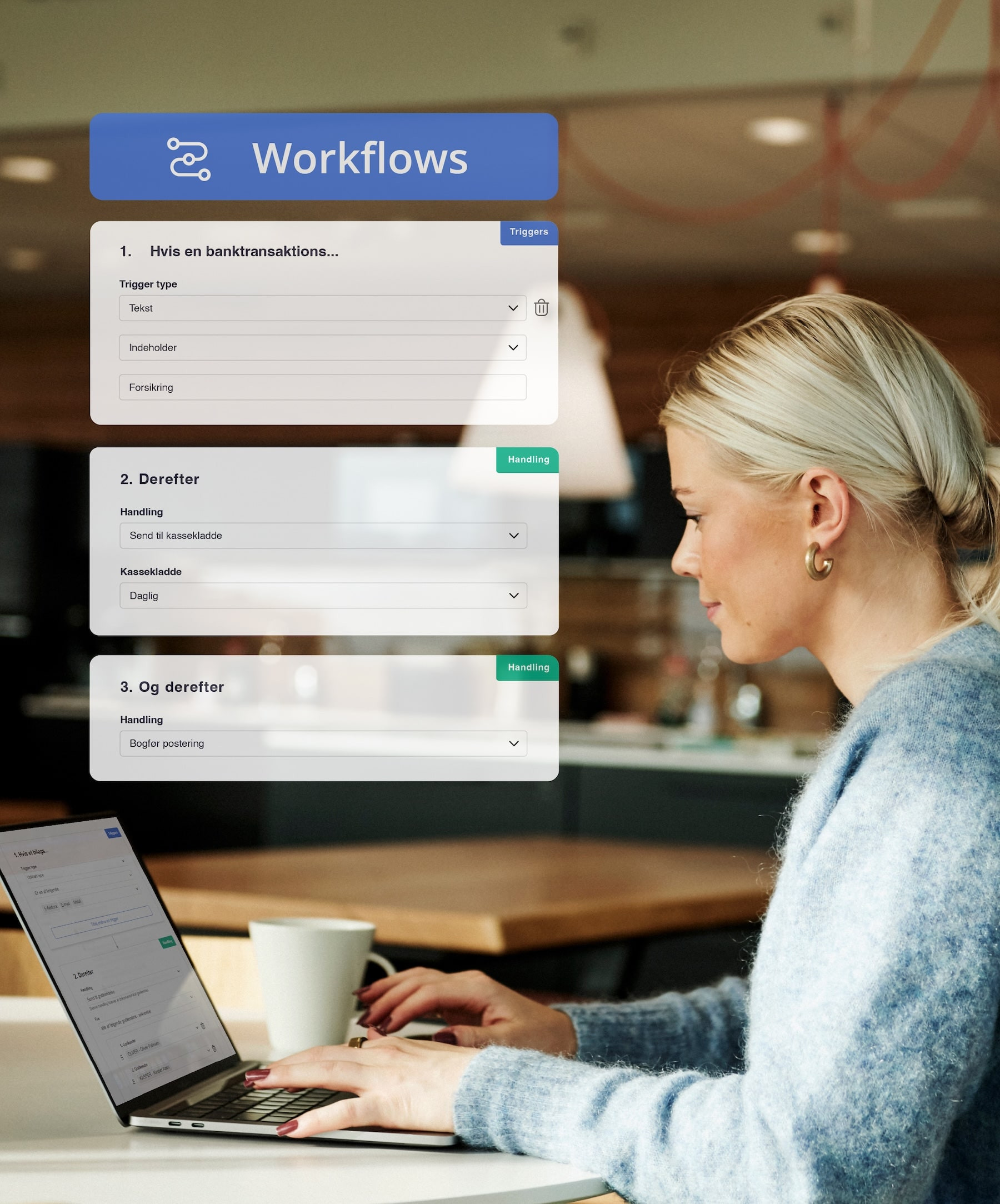 dame ved computer med workflows på billede