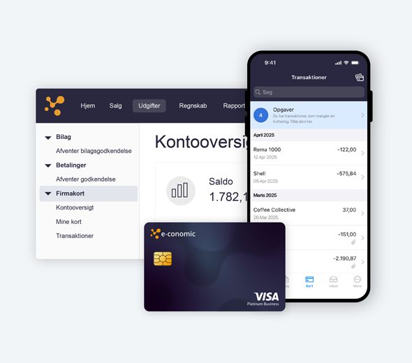 Et billede der indeholder et betalingskort samt et screenshot af e-conomic på både en computerskærm og en smartphone