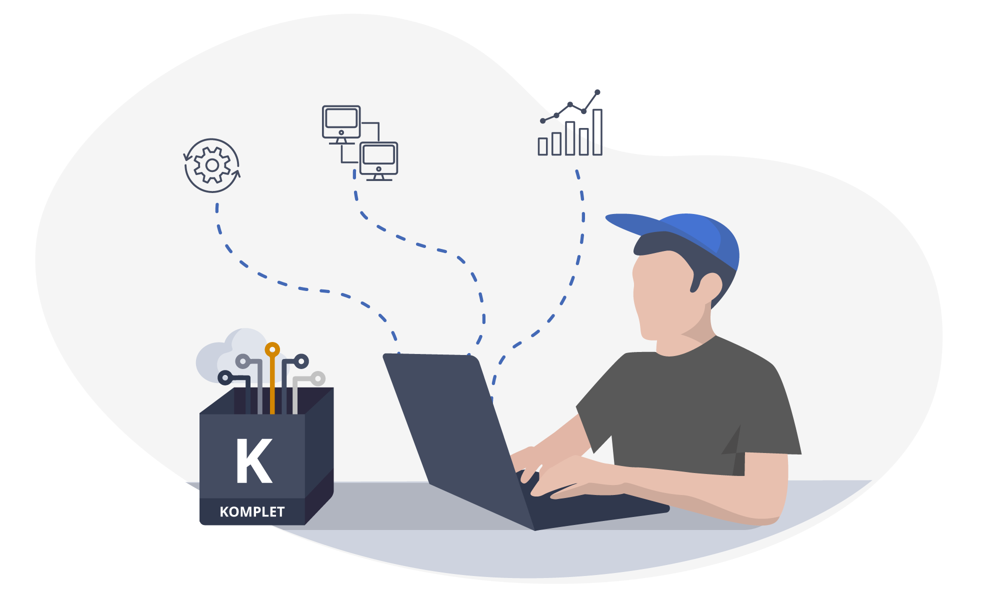 En illustration af en mand, der sidder med en computer, hvorfra der er nogle striplede linjer op til nogle ikoner, og så står der en grå kasse ved siden af computeren