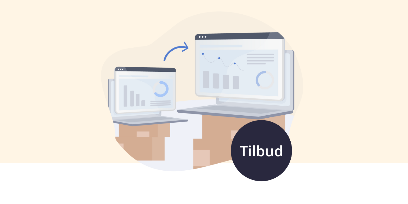 En illustration af to computere på papkasser og et rundt skilt, hvor der står "Tilbud" på