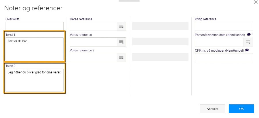 Viser tekstfelterne 'Tekst 1' og 'Tekst 2' i fanen 'Noter og referencer' – bruges til at tilføje en ekstra tekst på en faktura.