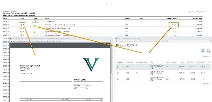 Viser klikbare ikoner og beløb i rapporten Kontokort – bruges til at se den bagvedliggende faktura og den bogførte postering.