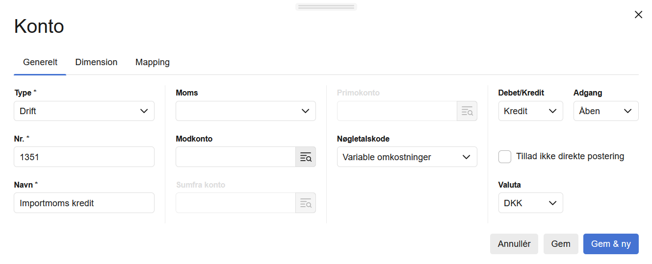 Viser oprettelse af konto 1351 'Importmoms kredit' i kontoplanen – bruges til at færdiggøre opsætningen for korrekt bogføring af importmoms.