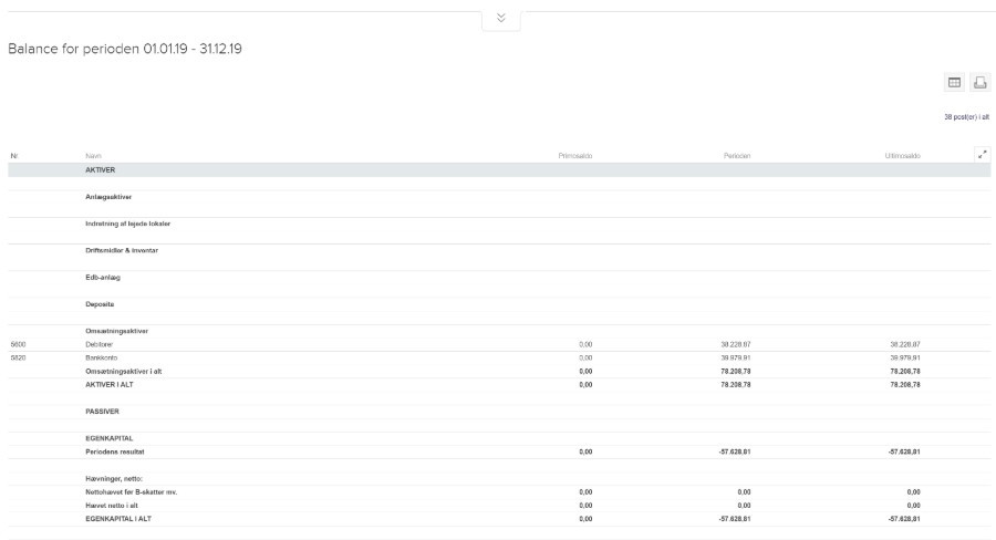 Viser en balance-rapport i Rapporter – bruges til at få et overblik over virksomhedens aktiver og passiver.