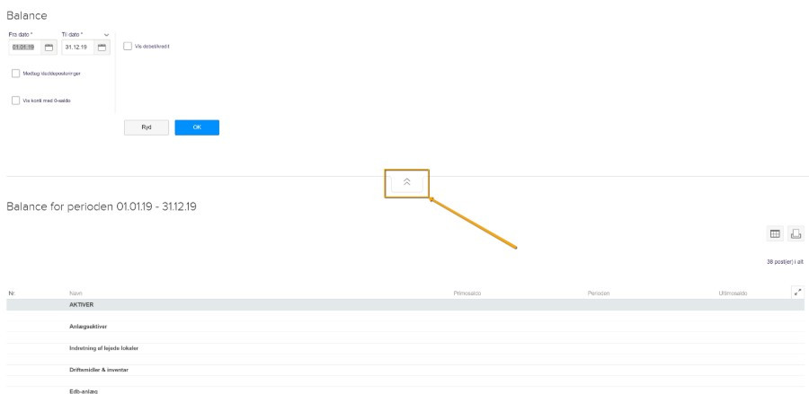 Viser knappen med to pile opad i balancerapporten – bruges til at skjule søgeområdet.