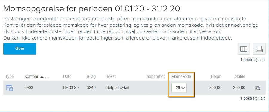 Viser valg af momskode til en direkte postering i rapporten Momsopgørelse – bruges til at tildele en momskode til posteringer bogført direkte på en momskonto.